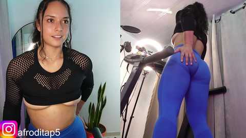 Media: Video of a young woman with medium skin tone and long dark hair, wearing a black mesh crop top and tight blue leggings, posing in a room with a mirror and plants.