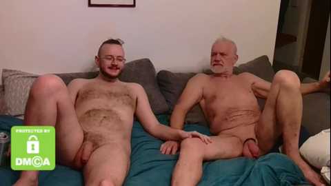 Media: Video of two nude, middle-aged, fair-skinned men with varying degrees of body hair, seated on a teal couch in a dimly lit room, with a \"BBWGA\" logo in the corner.