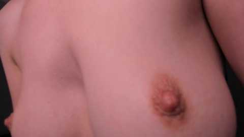 Media: Video of a light-skinned person's bare back and left breast, with a prominent, large, light brown areola and nipple visible. The background is dark and indistinct, emphasizing the subject's skin tone and texture.