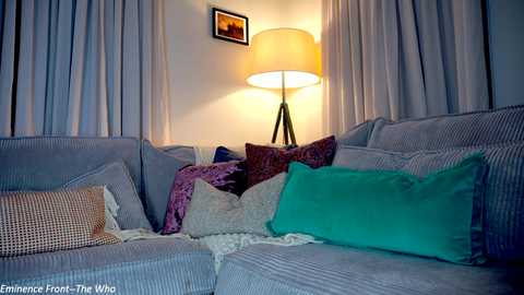 Media: Video of a cozy living room with a light gray sectional sofa adorned with assorted pillows, a warm-toned floor lamp, and sheer curtains.