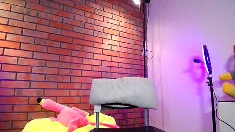 Media: A video of a modern room with a red brick wall, a gray furry pillow on a black chair, a yellow toy, and a purple lamp.