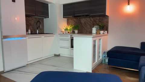 Media: Modern kitchen with white cabinets, dark brown marble backsplash, blue stools, wooden floor, and a cozy pendant light.