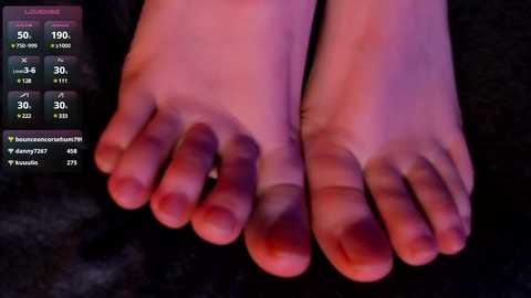 Media: A photograph showing the soles of two feet with visible blisters and calluses. The background is dark and blurred, with a virtual reality overlay displaying health metrics.