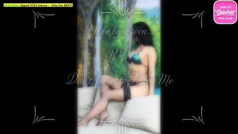 Media: A blurred photograph of a woman in a bikini, sitting on a couch, with lush greenery and a waterfall in the background. Text overlays say \"Don't let him go\" and \"I be da scene.\