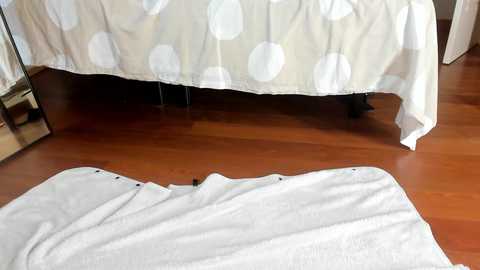 Media: Video of a white bed with large polka dot sheets on a polished hardwood floor, featuring a white towel folded neatly in the foreground.