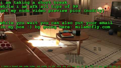 Media: Video of a cozy, dimly-lit living room with a wooden coffee table, plush sofa, and soft lighting. Text overlay in green and white reads: \"I'm taking a short break while I am an aff all tips of 99 (moderately) while you wait you can also put your email in my box (by going here) nilamcfly.com.\