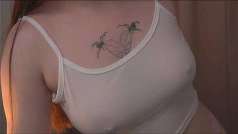 Media: Video of a fair-skinned woman with long brown hair, wearing a sheer white tank top, revealing a spider tattoo on her collarbone. The background is blurred, focusing on her upper body.