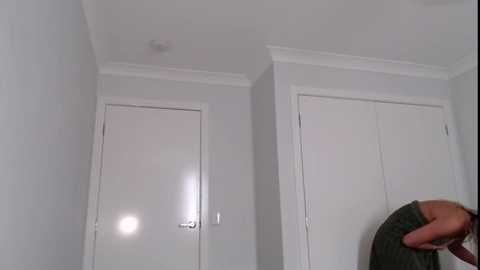 Media: Video of a minimalist, white-walled hallway with two identical white doors, featuring simple silver handles. A person, partially visible, wearing a gray shirt, is seen on the right side, near the bottom of the image.