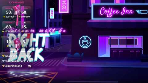 Media: A neon-lit digital art depiction of a futuristic city street at night, with glowing signs for \"Coffee Inn\" and \"DARK,\" featuring vibrant colors, futuristic typography, and pixelated elements.