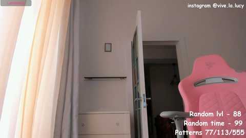 Media: Video of a modern bedroom with a pink gaming chair, beige curtains, and a door slightly open revealing a white dresser. Text overlays include \"random v1 - 88 random time - 99 patterns - 71113555.\