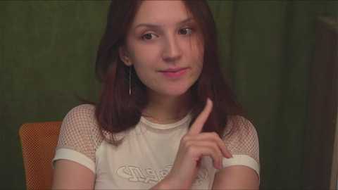 Media: A photograph of a young Caucasian woman with fair skin and straight brown hair, wearing a white fishnet top, and a subtle smile, with a raised index finger against a green textured background.