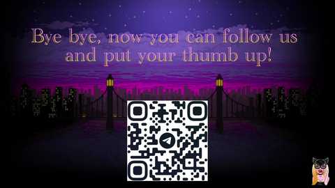 Media: A digital illustration featuring a nighttime cityscape with a purple sky, silhouetted buildings, and two lit street lamps. Text above reads, \"Bye bye, now you can follow us and put your thumb up!\" A black-and-white QR code is overlaid in the foreground.