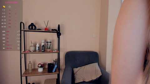 Media: Video of a beige room with a calendar on the wall, a black shelf holding various items, a blue armchair, and a nude person's arm visible.