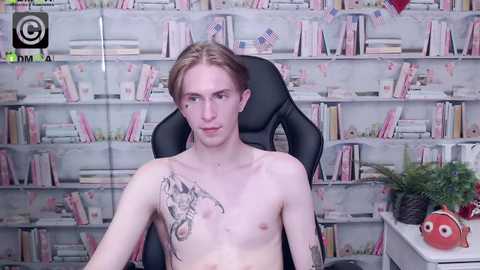 Media: Video of a shirtless, pale-skinned, slender man with shoulder-length blonde hair, sitting in a black office chair in a room with bookshelves filled with colorful books.