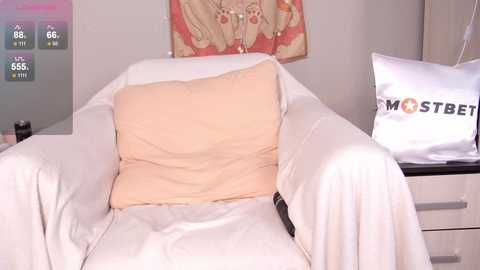 Media: Video of a white armchair with a beige cushion, draped in a white blanket, against a pale wall with a pink floral painting.