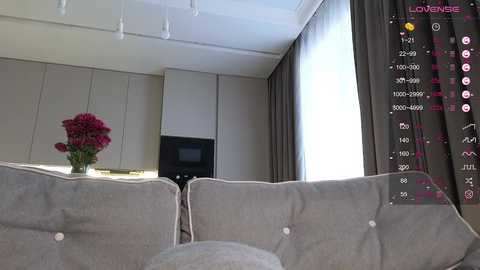 Media: Video of a modern living room with a beige couch, white cabinets, a vase of red flowers, and a window with sheer curtains, with a virtual reality display overlay showing a menu on the right.