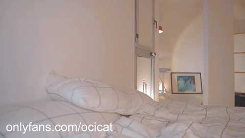 Media: Video of a minimalist bedroom with white bedding, a white pillow, and a framed painting on the wall. The room has beige walls and a modern, clean design.