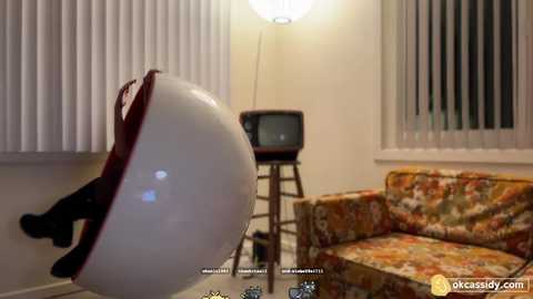 Media: A video of a vintage television with a large, round, white speaker in a retro living room with orange floral couch, white blinds, and a floor lamp.