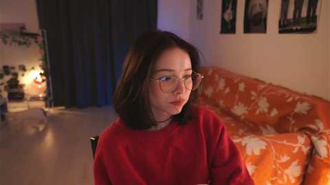 Media: A video of a young woman with short dark hair, wearing glasses, a red sweater, and sitting in a chair in a dimly lit, cozy room with an orange floral sofa and framed photos on the wall.