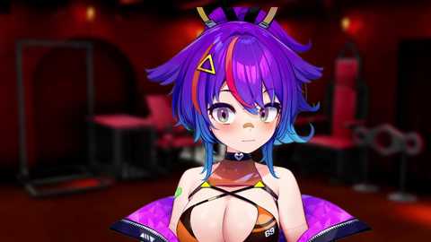 Media: Anime-style digital drawing of a purple-haired, fair-skinned young woman with large breasts, wearing a revealing yellow bikini top and a black choker, in a dimly lit room with red walls.