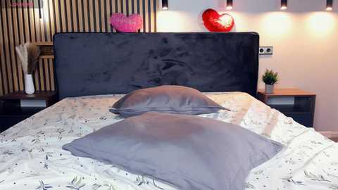 Media: Video of a modern bedroom with a dark grey, velvet headboard. Two gray pillows rest on a white bedspread with a subtle bird pattern. Pink heart and star decorations hang above the bed.