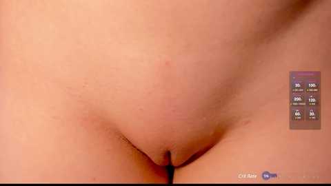 Media: A close-up video of a person's lower abdomen and genital area, showing light skin with slight stretch marks and a pubic area with sparse hair. On the right, a digital screen displays weather information.