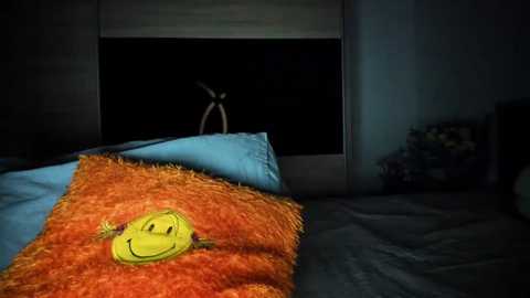 Media: Video of a cozy bedroom with a bright orange, fluffy blanket featuring a smiling cartoon face. Blue pillows and a dark bedspread create a warm, inviting atmosphere.