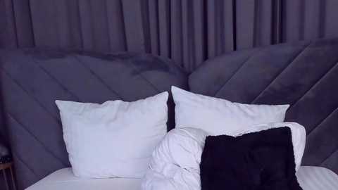 Media: Video of a plush, gray upholstered headboard with two white pillows, one black pillow, and white sheets in a dimly lit bedroom with heavy, gray curtains in the background.