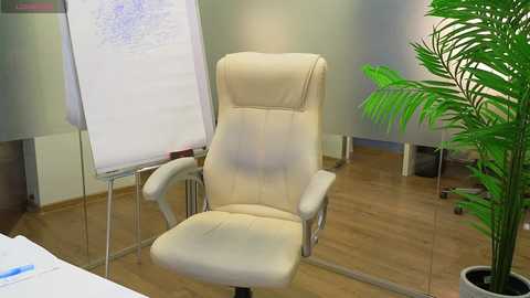 Media: Video of a modern office with a large, white ergonomic chair facing a whiteboard on a stand. A potted plant adds greenery to the right. Wooden floor and soft lighting enhance the professional ambiance.