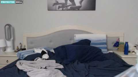 Media: Video of a messy bedroom with a beige headboard, navy blue bedspread, white pillows, and a white nightstand with a lamp, a stuffed animal, and a blue bottle.