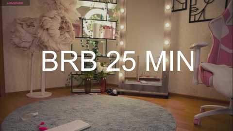 Media: Video of a modern, cozy room with a round gray rug, white feather decorations, black-framed shelves, pink gaming chair, and \"BB25 MIN\" text overlay.