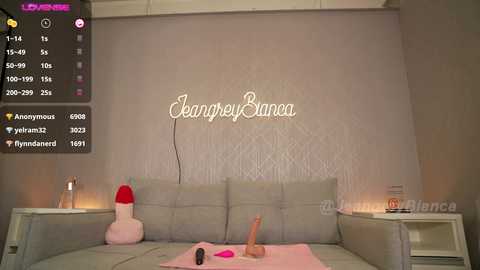 Media: Video of a modern living room with a gray couch, a \"JeansyElena\" wall decal, pink vibrator, and red dildo, set against a beige wall.