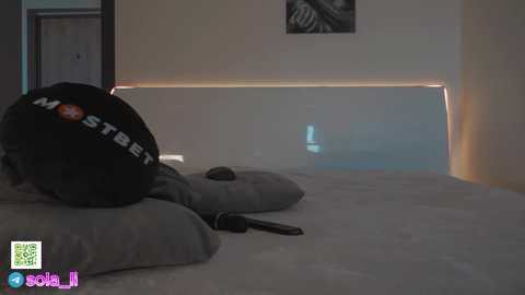 Media: Video of a dimly lit bedroom with a black motorcycle helmet on a bed, a pair of black shoes, and a gray pillow, against a white wall with a black and white framed photo.