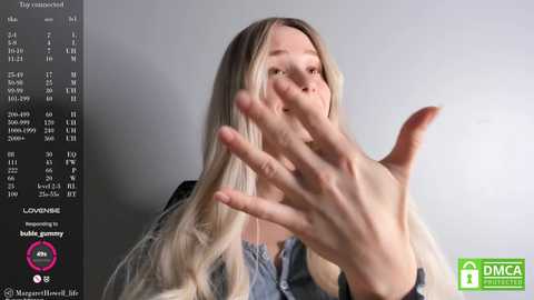 Media: Video of a blonde woman with fair skin, wearing a denim jacket, reaching out with her hands, in a minimalist gray room.