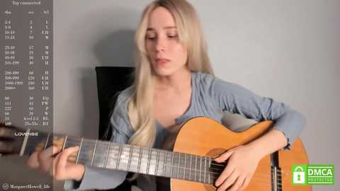 Media: Video of a young blonde woman with long hair, playing a wooden acoustic guitar while sitting on a chair. She wears a light blue top.