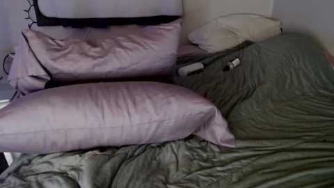 Media: A video of a messy bedroom showing an unmade bed with a wrinkled green comforter, two large pink pillows, and a beige pillow, all against a plain white wall.