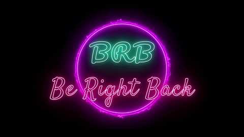 Media: A digital graphic featuring neon pink and green circular text, \"BBR\" and \"Be Right Back,\" against a black background. The text is stylized with a glowing, illuminated effect.