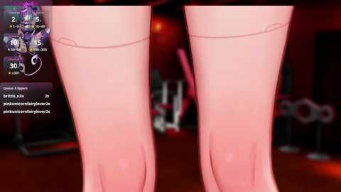 Media: Video of a person's legs in pink leggings, blurred background with gaming equipment. Overlay shows streaming statistics.