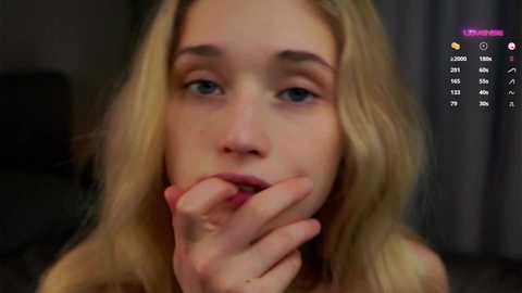 Media: A close-up video of a blonde woman with fair skin, blue eyes, and light makeup, biting her finger, in a dimly lit room.