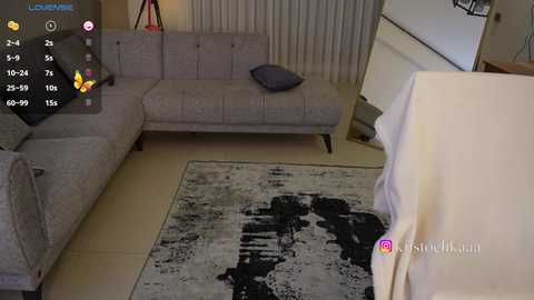 Media: Video of a modern, minimalist living room with beige sofa, grey armchair, and black and white abstract rug.