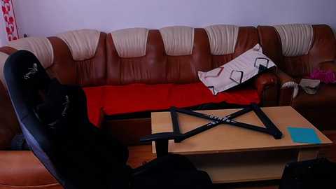 Media: Video of a cluttered living room with a brown leather sofa, red cushions, a black gaming chair, a wooden desk, and a black metal frame on the floor.