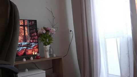 Media: Video of a minimalist, cozy room with a wooden desk holding a flat-screen TV, floral vase, and books, a chair, and sheer curtains.