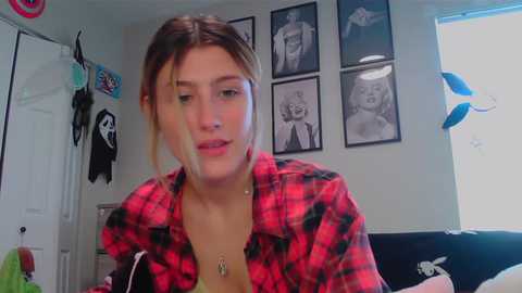 Media: A candid video of a young woman with light skin and brown hair, wearing a red plaid shirt, in a bedroom with Marilyn Monroe and Elvis Presley posters, and a superhero cape.