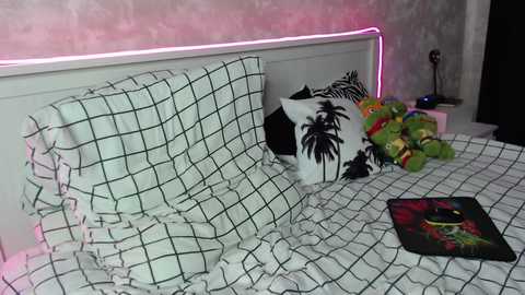 Media: Video of a tidy, minimalist bedroom with a white headboard, black-and-white checkered bedspread, and a pink LED strip light. The bed is adorned with decorative pillows and a plush toy, and a book lies open on the bed.