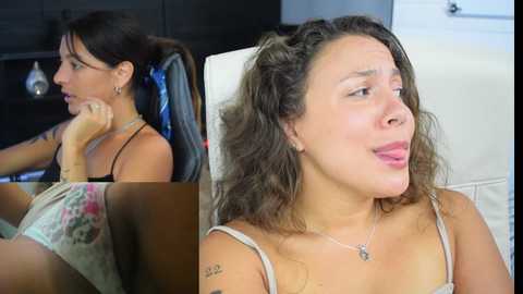 Media: A candid video shows a woman with curly hair and a tattoo, wearing a floral top, sitting in a chair, and another woman with straight hair, wearing a white top, smiling in a bathroom.