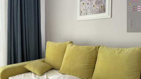 Media: A video of a modern living room with a mustard-yellow sectional sofa, grey curtains, and a floral artwork above. The room has a minimalist, cozy feel with soft textures and muted colors.