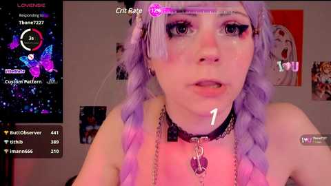 Media: Video of a young woman with lavender hair, wearing a black choker and silver chain, in a dimly lit room with a pink hue, featuring various social media icons and chat messages.