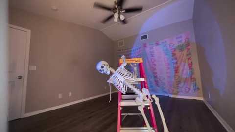 Media: Video of a dimly lit room with a skeletal Halloween decoration, leaning against a colorful, abstract wall art, under a ceiling fan. The floor is dark wood, and a closed door is visible on the left.