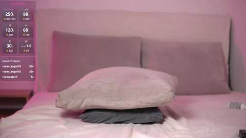 Media: Video of a minimalist bedroom with beige bedding, a gray pillow, and a digital screen showing temperature and humidity readings.