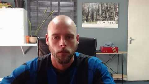 Media: Video of a bald, bearded man in a blue and black shirt sitting at a desk in an office with a gray wall and bamboo print poster.